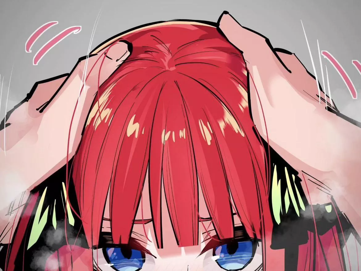 LF Color Source: 1girl, red hair, short hair, black hair bun, blue eyes, grabbing head posted by Incomplete_and_broke