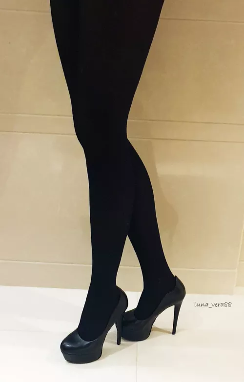 Another in the hotel with black heels&pantyhose, in front of the mirror... before wearing skirt and head out;) by luna_vera88