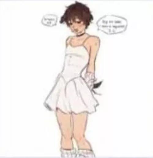 LF Mono Source: 1boy crossdressing blushing short_hair dress white_dress petplay dog_ears white_socks speech_bubbles by Mean_Pineapple978