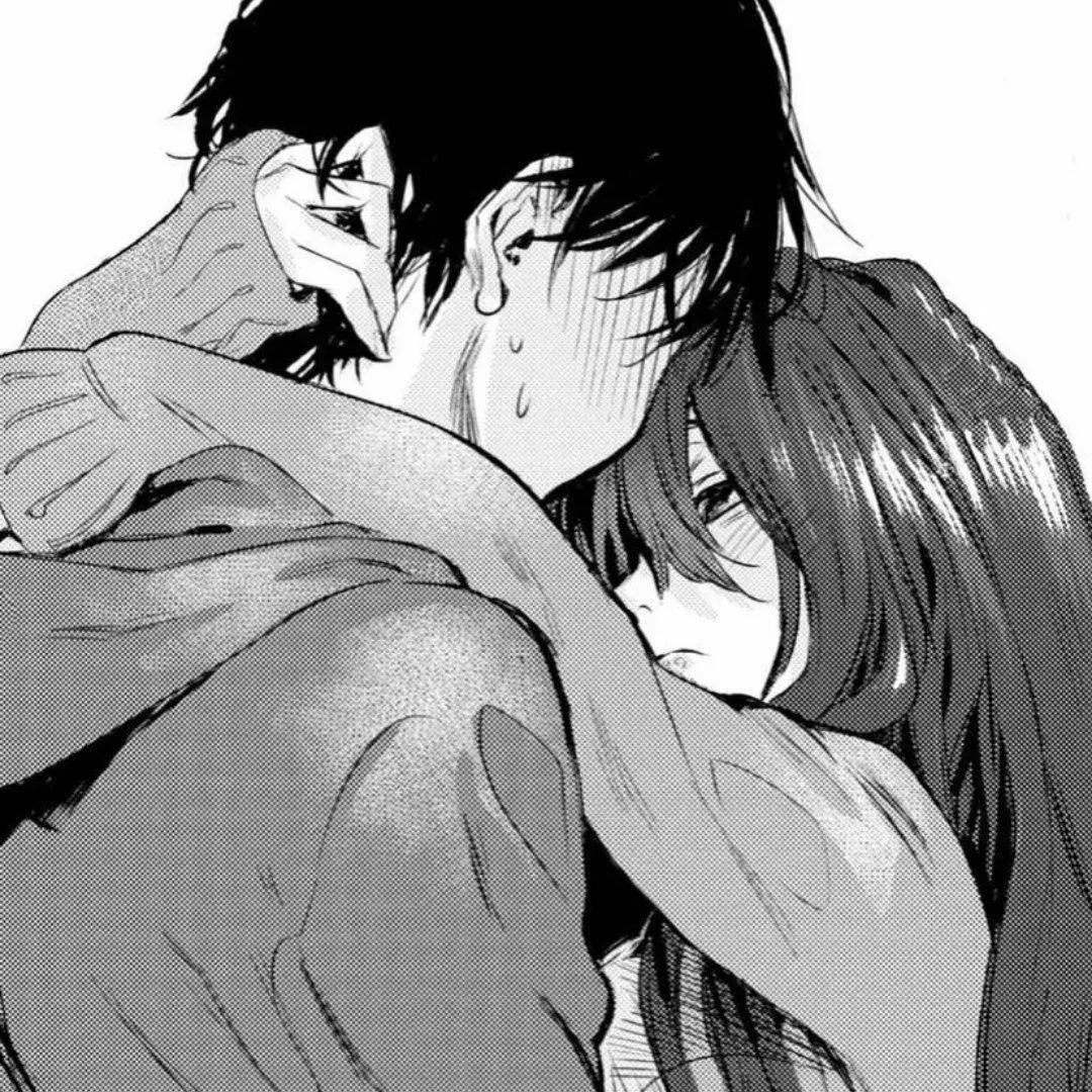 LF Mono Source: 1girl, 1boy, black hair, brown hair, hoodie, sweater, long sleeves, blush, sweatdrop, hug, looking at another, hair between eyes, eyes covering through hair, hands in another's hair posted by heroxmode