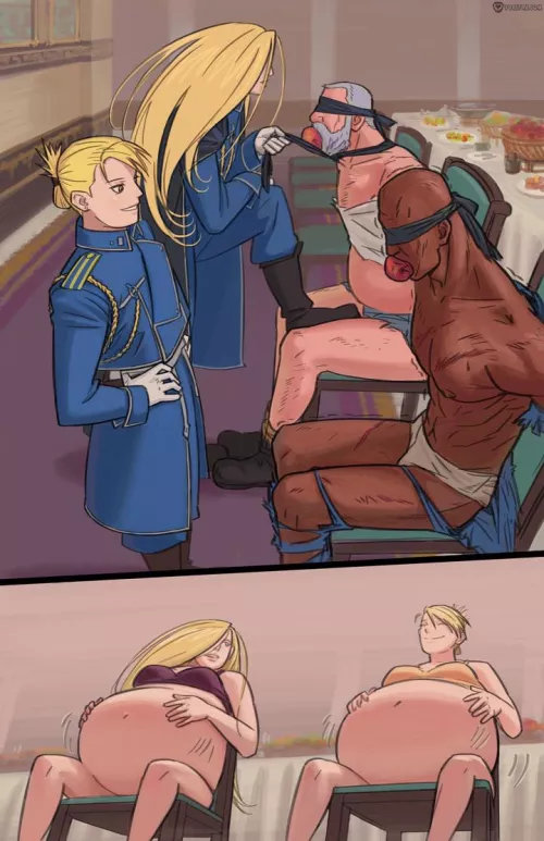 {Image} Unwilling Dinner Guests (Arieta) [oral vore, male prey, multiple pred, belly expansion, vore belly] by Cezar_Nix