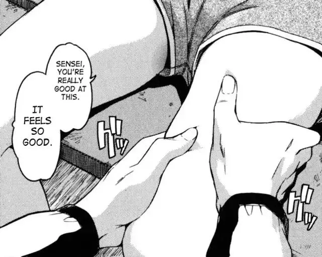 LF Mono Source: 1girl, 1boy, hands on another's leg, hotpants, thighs, squeezing, long sleeves, close up, lying, stairs, 