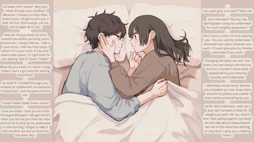 Slightly yandere girlfriend wants more than cuddles! (yandere) (cuddling) (loving) (implied handjob) by justa_hentai_enjoyer