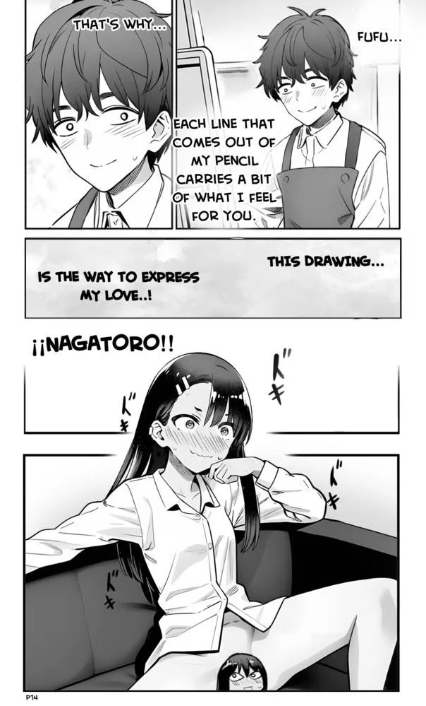 Lf mono source: 1girl, 1boy, glasses, nude, censored “Fufu”, “Each line that comes out of my pencil carries a bit of what I feel, that’s why…”, “this drawing …. Is to express my love”, “¡¡nagatoro!!” posted by eyy_gavv