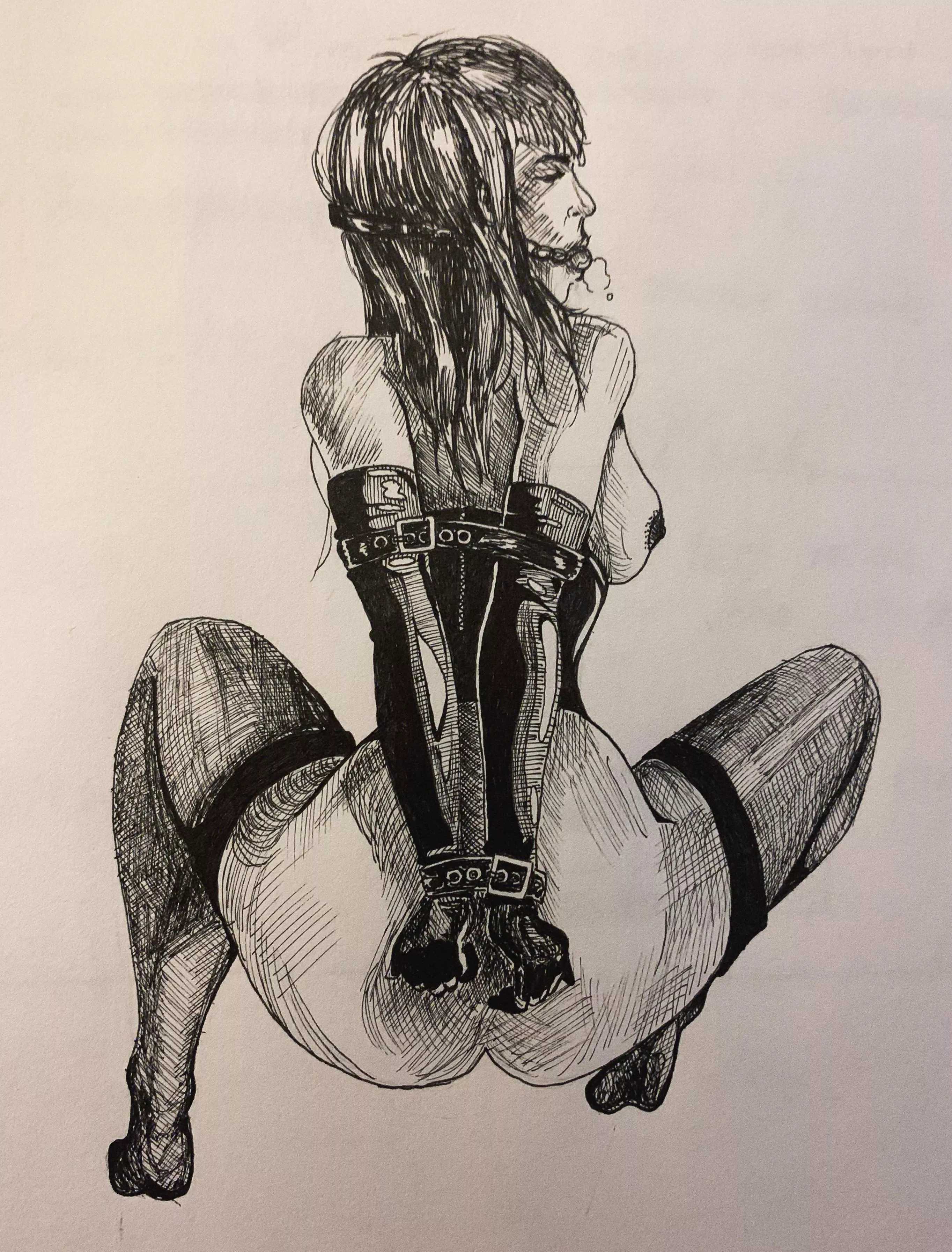 An ink drawing using @strawberryyballs digital art as reference. This subreddit is my art practice for tonight 🥰 posted by CheetoFuss