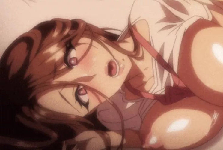 Color 1girl ahegao apron_between_breasts blush bouncing_breasts breasts_out brown_eyes brown_hair close-up hair_between_eyes heart-shaped_pupils large_breasts lower_teeth_only lying mature_female/milf mole_under_mouth on_side open_mouth pink_apron red_ap by HentaiSource_Archive