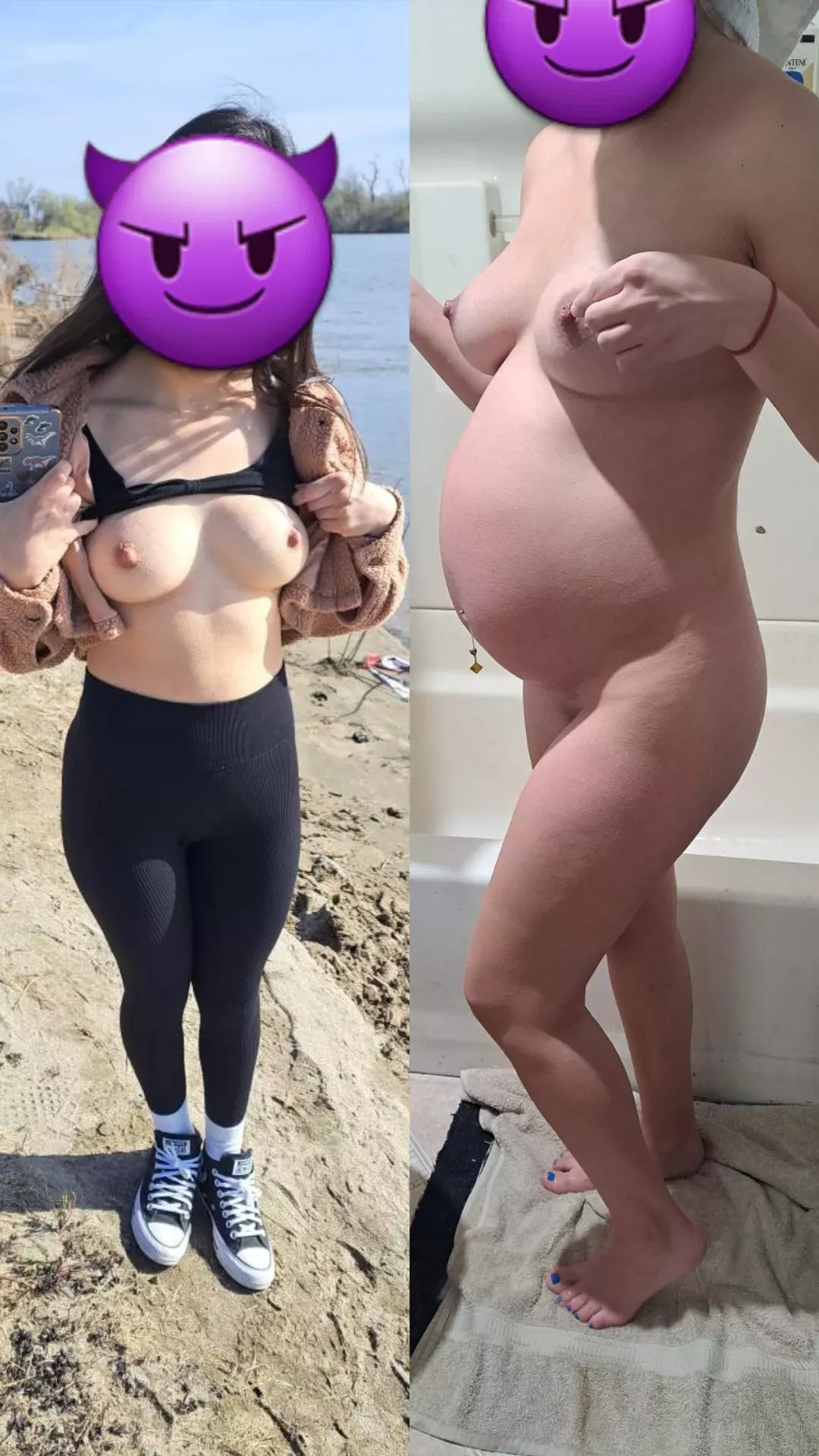 First pic she was so getting fucked by others when she was not pregnant yet. Second pic shows wife 7 1/2 months pregnant. I can not wait for her to continue her hotwife journey. We SMH know who the dad is she got ducked by both the bull and i that day posted by cleanupcuck530
