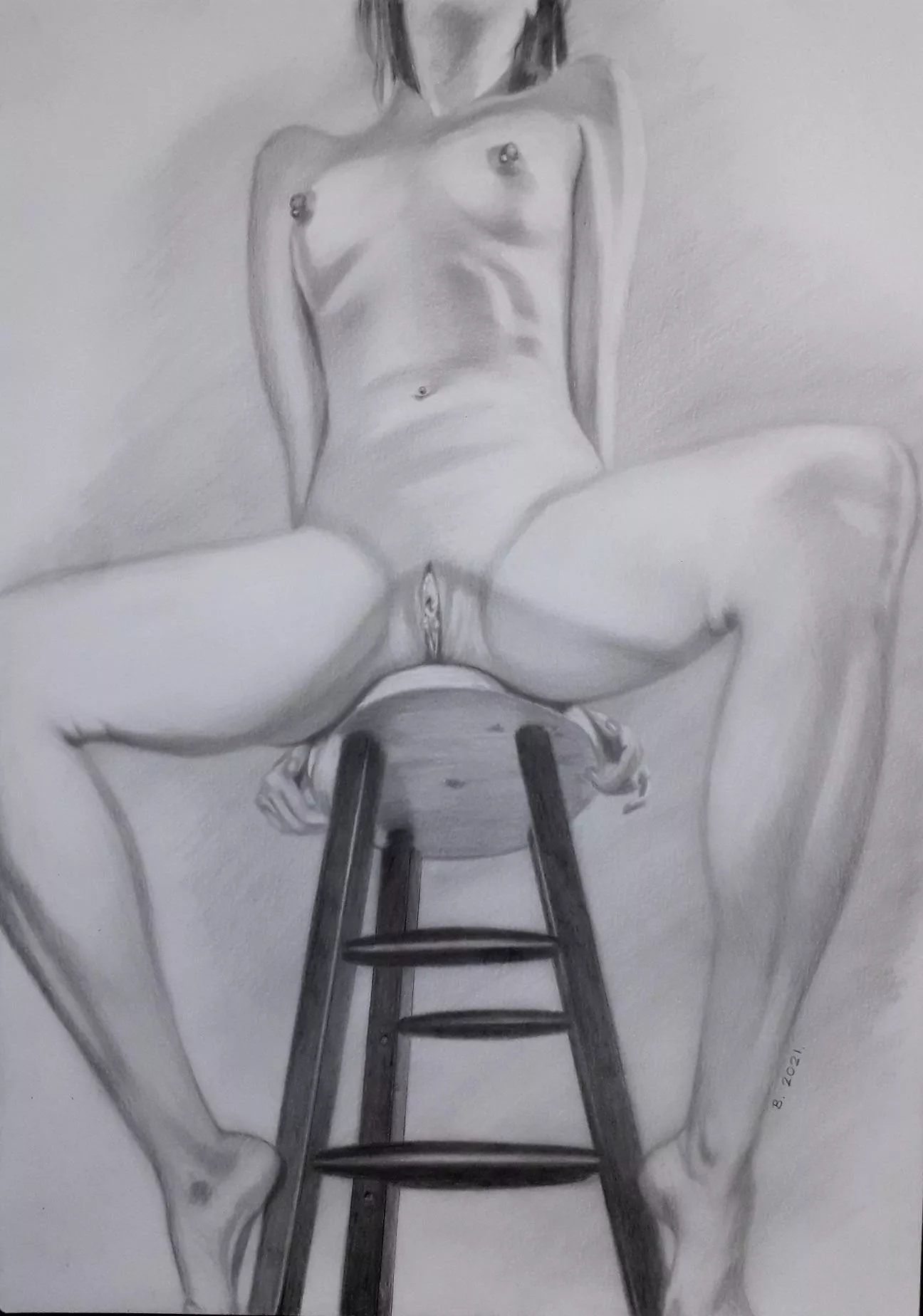 Girl on a Stool (in pencils drawn by me) posted by Erotic_Artist_UK