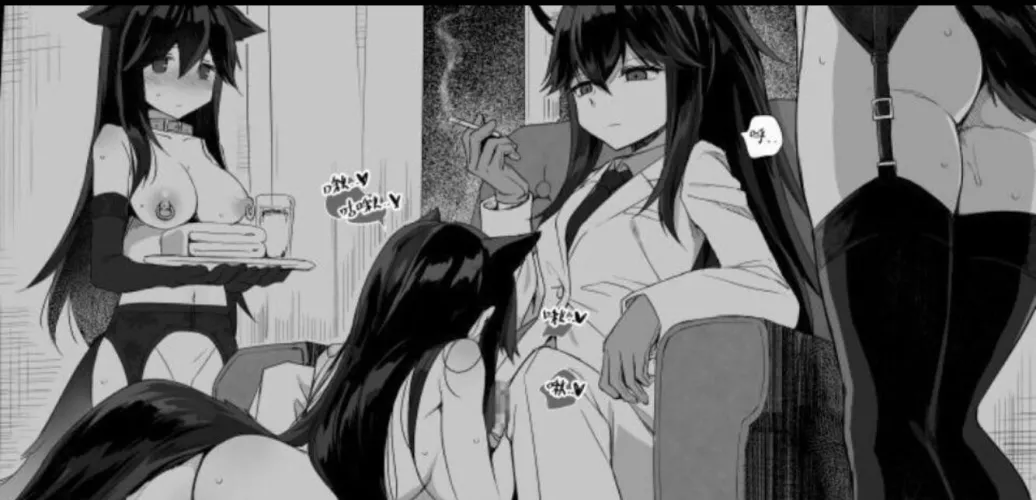 LF Mono Source: 4girls, 1futa, black hair, animal ears, suit, nipple piercing, blowjob, couch, harem, cigarette by Mythos_Wolf