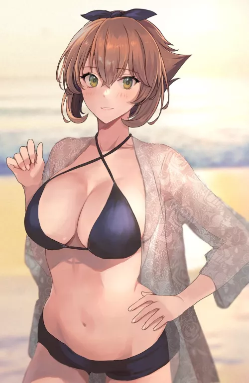 Mutsu in a bikini and cardigan [Kancolle] by namiaiman