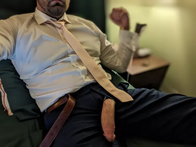 My soft cock hanging heavy out of my dress pants. by potatoe1987
