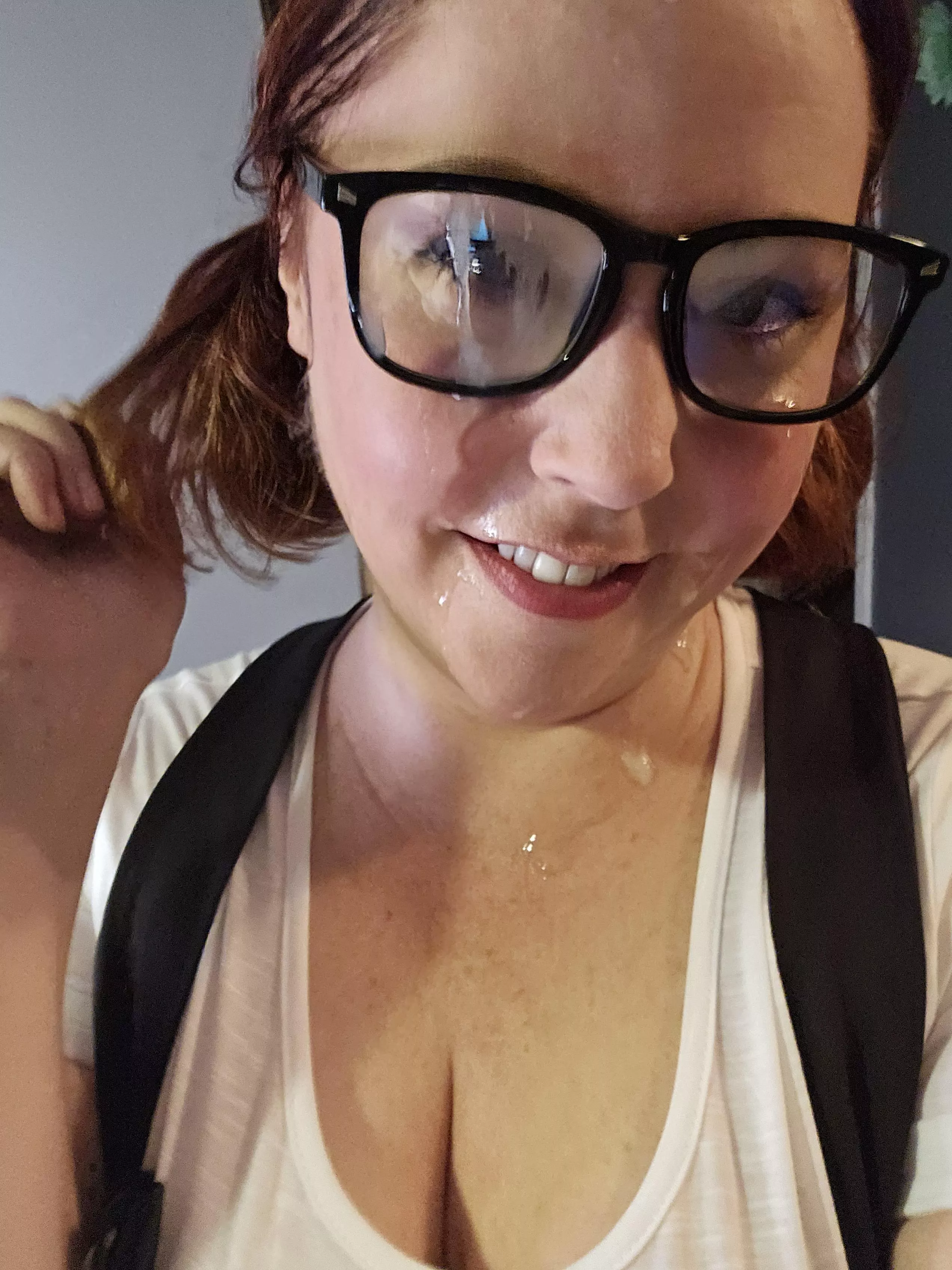 Nerd girl got covered in cum.. thankfully the glasses protected my eyes! posted by mellymac123