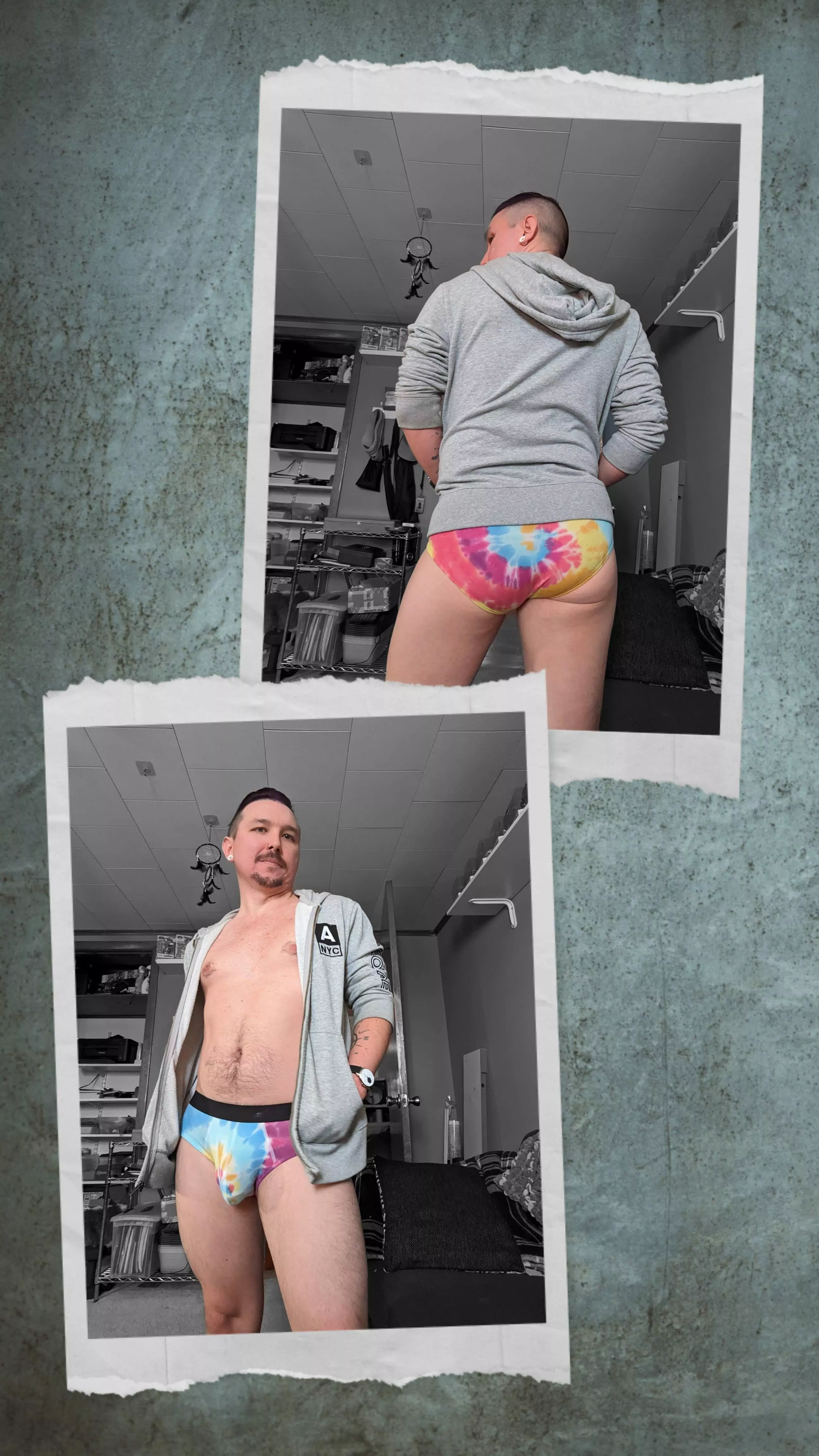 Tie-dyed briefs and a hoodie ,this is how i work from home. posted by TipsyTopher