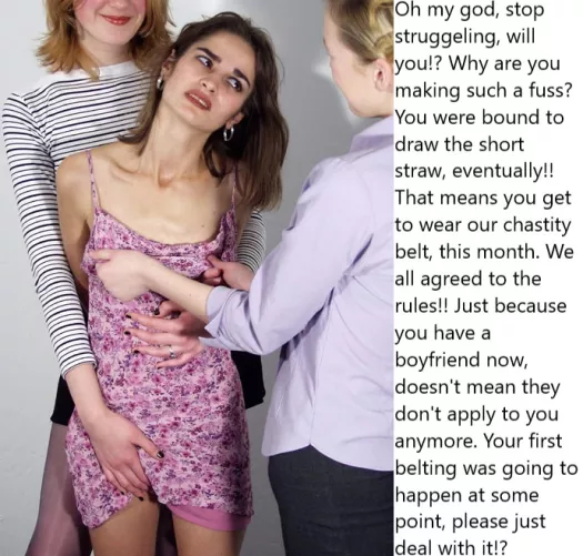 Chastity Fantasy: Caption 380. When your folks can only afford one proper chastity belt, you have to have a just system to make sure noone misses out. by wellhowaboutmaybe