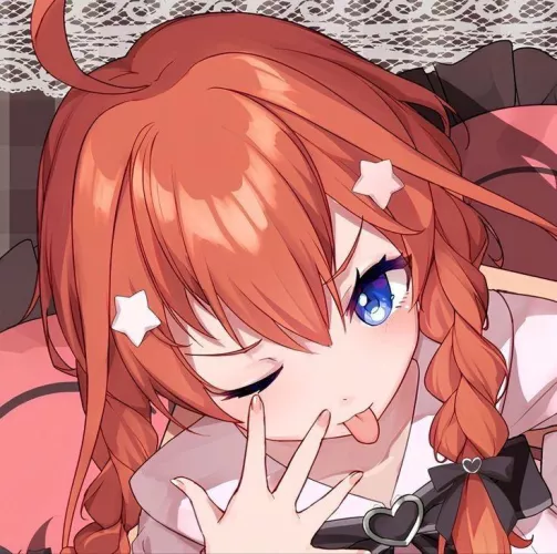 LF COLOR SOURCE 1girl, quintessential quintuplets, red hair, star hair pins, tongue out, blue eyes, tsundere, double braids, pink uniform, winking, open hand, pink couch by Area51chan