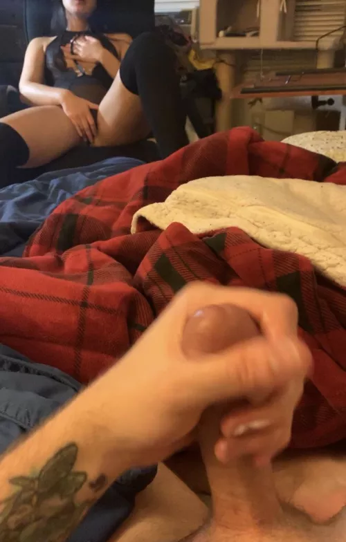 A pic of both of us playing with ourselves thinking about the time one of his friends made out with me, sucked on my titties and fingered my tight pussy. We’re thinking of asking him to fuck me in front of him. We think he will. Wouldn’t you? ;) by MajoraAfterMidnight