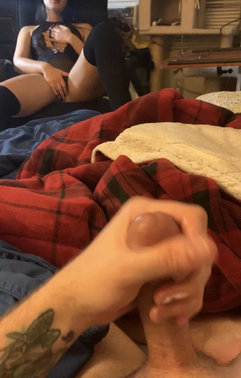 A pic of both of us playing with ourselves thinking about the time one of his friends made out with me, sucked on my titties and fingered my tight pussy. We’re thinking of asking him to fuck me in front of him. We think he will. Wouldn’t you? ;) posted by MajoraAfterMidnight