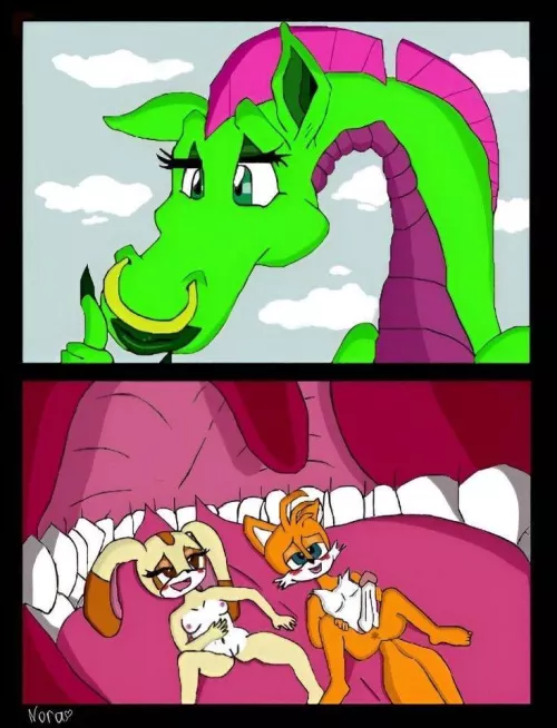 Dulcy the dragon vore nude Tails and Cream {in the mouth} by ZOLOTOIUwU