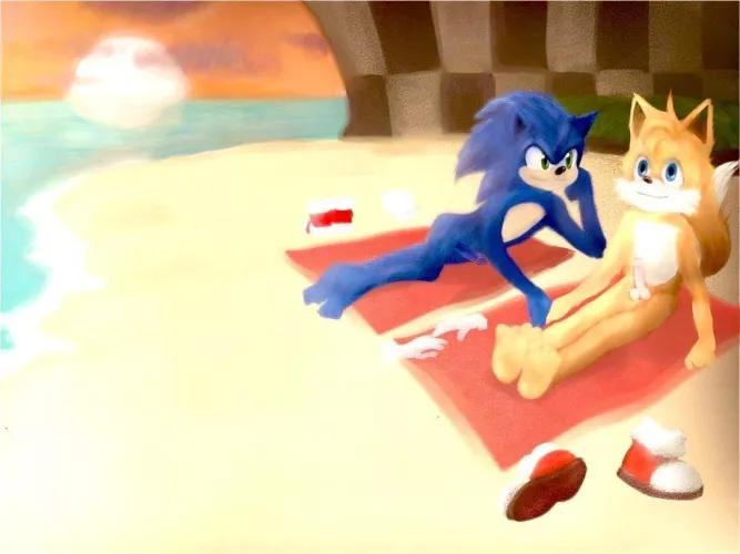 Nude Sonic and Tails on the beach (from Sonic in the Movie 2) by ZOLOTOIUwU