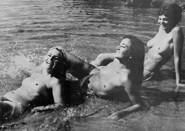 Three actresses from the cast of the 1963 British nudist film 