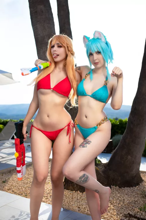 Asuna and Sinon pool party! Sword Art Online cosplays by Kate and Kerocchi by kerocchi