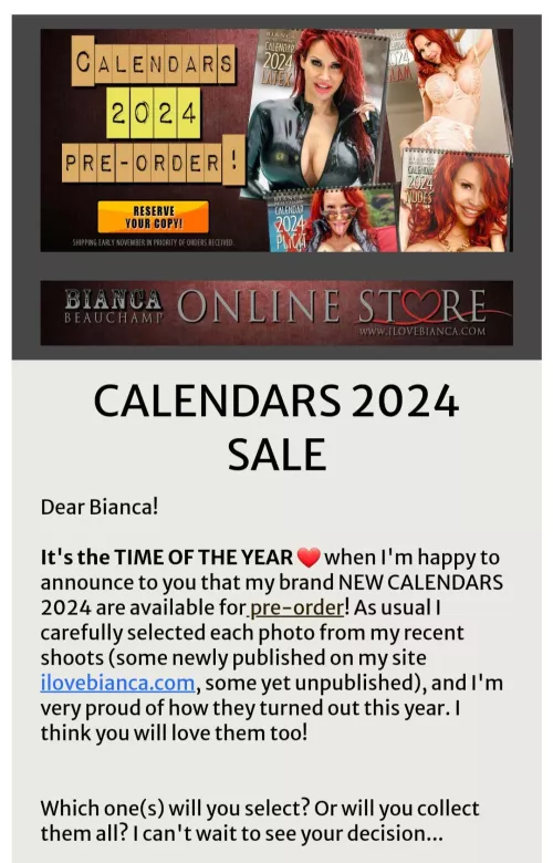Bianca's hot 2024 calendars are at pre sale price now on her store. She's selling 4 differents calendars. Latex, XPLICIT, NUDES, Glam🥵 by Interesting_Bad3342