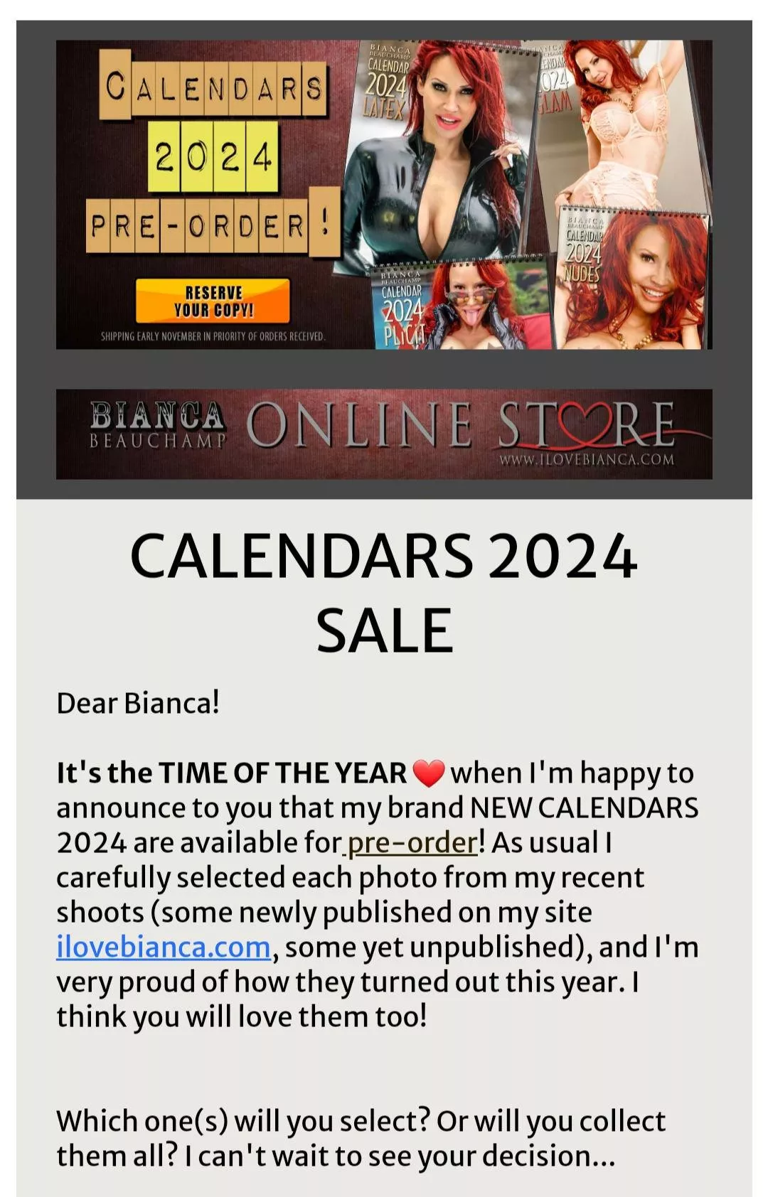 Bianca's hot 2024 calendars are at pre sale price now on her store. She's selling 4 differents calendars. Latex, XPLICIT, NUDES, Glam🥵 posted by Interesting_Bad3342