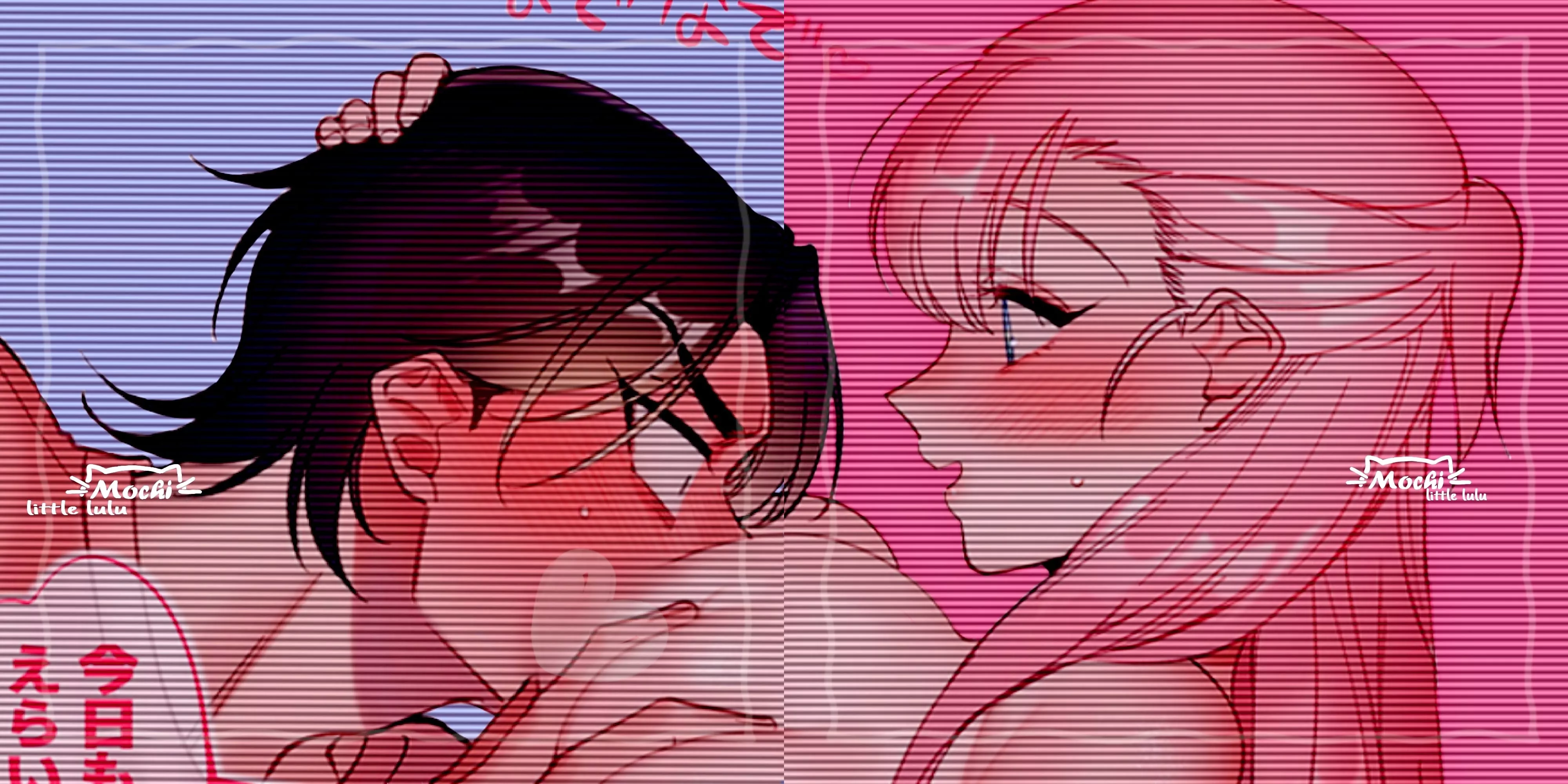 LF Color Source: 1boy, 1girl, blush, close-up, face, breast grab, breast on face, sweat, sweat drop , black hair , pink hair , shirt posted by Dear-Space-494