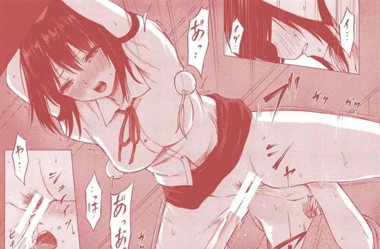 Mono 1boy 1girl against_wall bangs bent_over clothed_sex female_pubic_hair foreign_text from_below hair_between_eyes half-closed_eyes neck_ribbon no_panties nose_blush open_mouth outstretched_arms sepia sfx skirt_lift spread_legs standing_cunnilingus upp by HentaiSource_Archive
