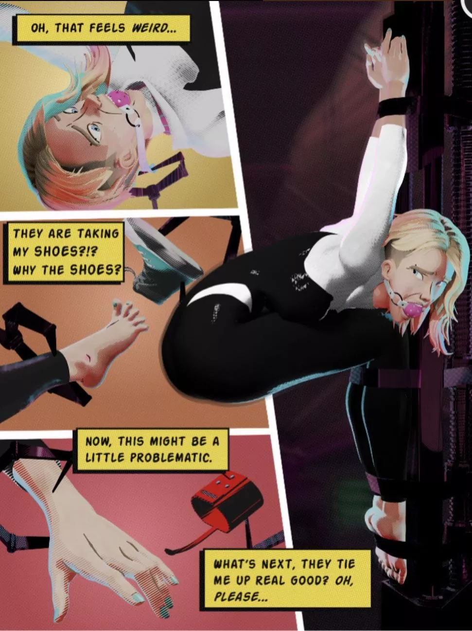 LF Color Source, “Oh, that feels weird…”, 1girl, Gwen Stacy, Pink ball gag, spider Gwen, bondage, comic posted by ExactConsideration47