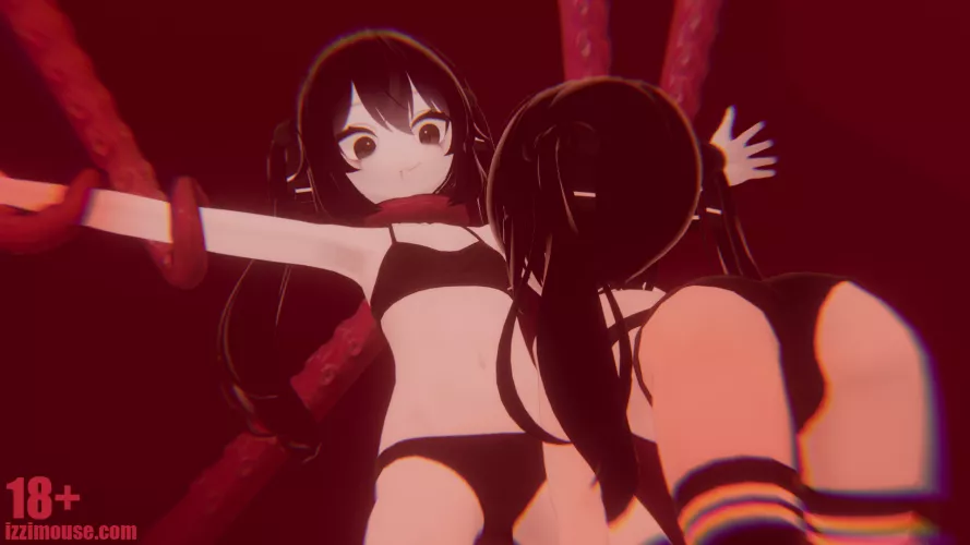 tentacle buddy holds me down while a new friend arrives (oc) by izzimouse