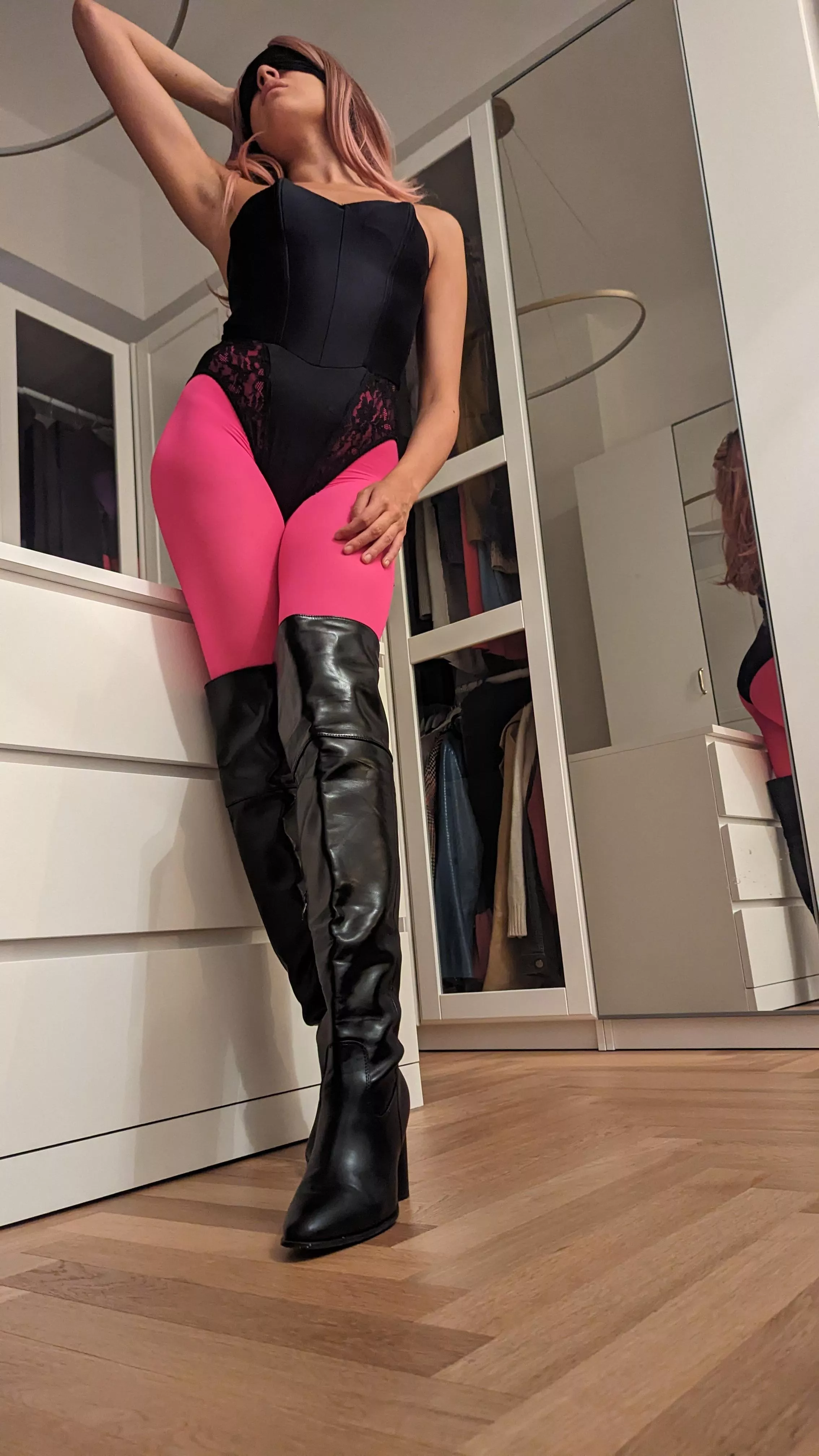 black bodysuit and pink pantyhose posted by SilkenSirenLegs