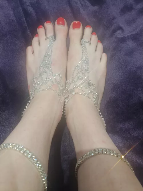 Do my feet look delicate and majestic wearing this rhinestone barefoot sandal and blingy anklet? by GDApr1996
