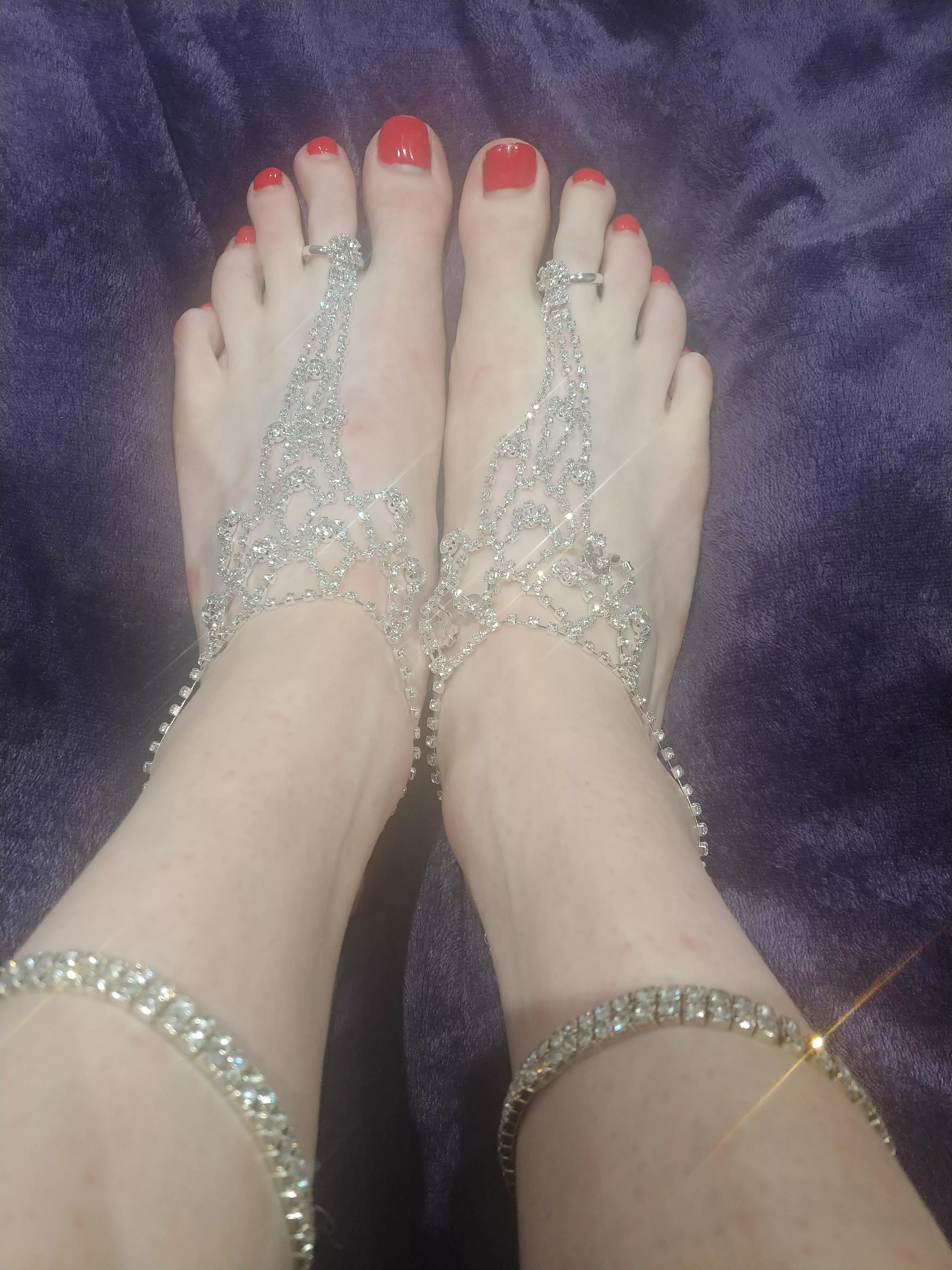 Do my feet look delicate and majestic wearing this rhinestone barefoot sandal and blingy anklet? posted by GDApr1996