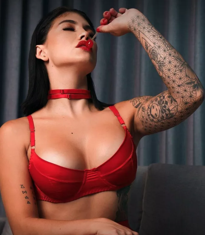 Red Lingerie, Red Lipstick, Red Choker, Just missing one thing posted by sarasochoa1