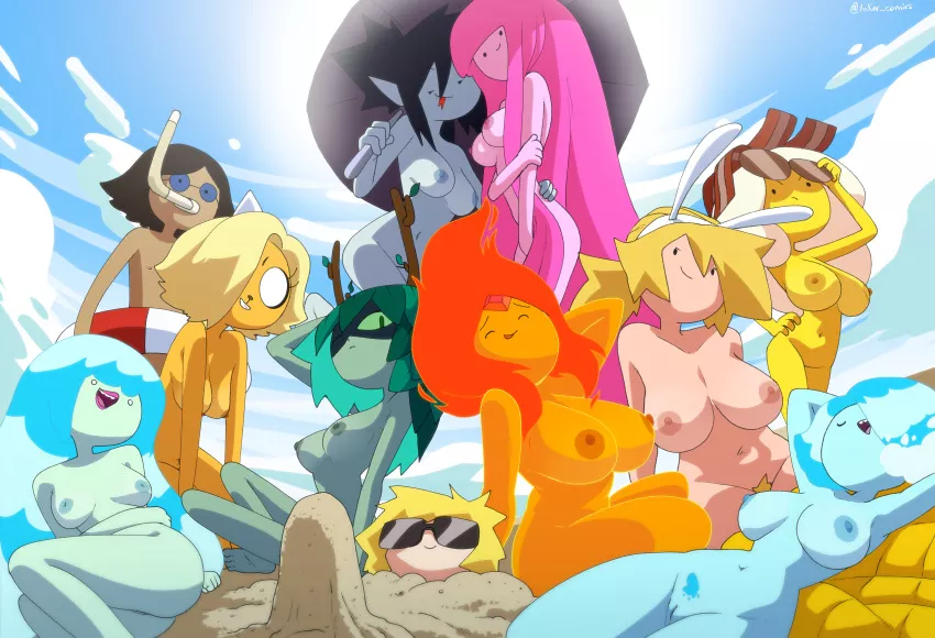 Breakfast Princess, Bronwyn, Denise, Finn, Fionna, Flame Princess, Huntress Wizard, Marceline, Princess Bubblegum, Simon, and Water Nymphs having fun at the beach (Inkershike) [Adventure Time] posted by thehentaisupplier