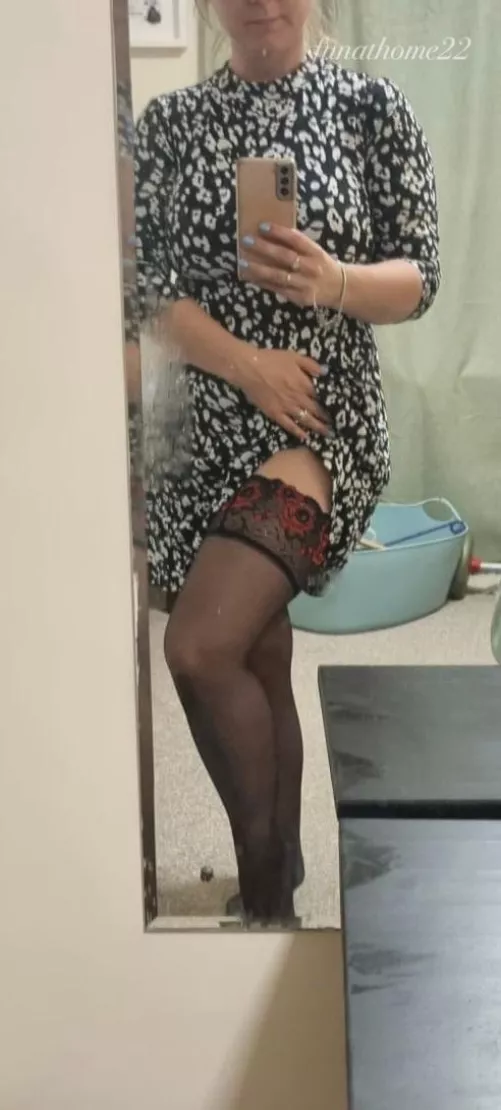 Dress is just short enough that the stocking tops don’t stay hidden by Funathome22