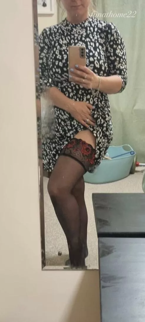 Dress is just short enough that the stocking tops don’t stay hidden posted by Funathome22