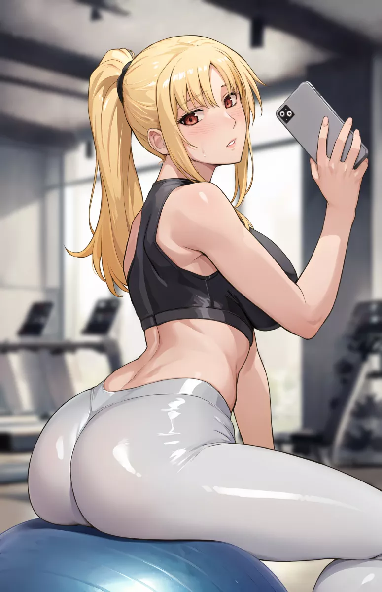 Fate Testarossa taking a slightly bashful selfie while working out (Ishigaki Takashi) [Mahou Shoujo Lyrical Nanoha Strikers /Magical Girl Lyrical Nanoha Strikers] posted by llamanatee