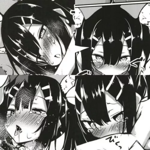 Mono 1girl ahegao animal_ear_fluff animal_ears black_hair cat_ears cat_girl close-up collage drooling face hair_between_eyes hairclip heart-shaped_pupils implied_fellatio/implied_blowjob looking_at_viewer neck_bell nose_blush open_mouth saliva_trail sfx  by HentaiSource_Archive