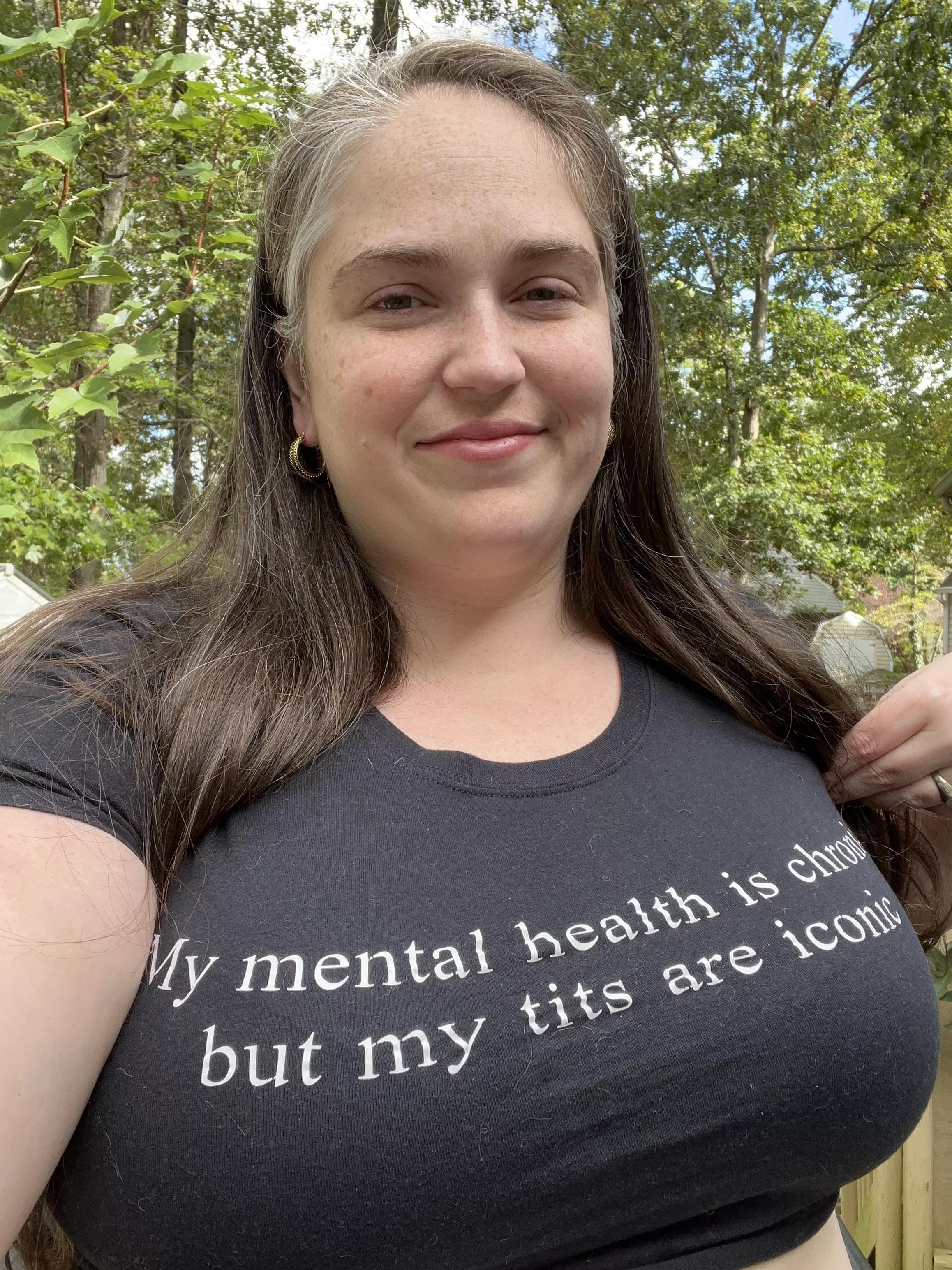 Shirt says: my mental health is chronic, but my tits are iconic 36F posted by GoddessAnnaG