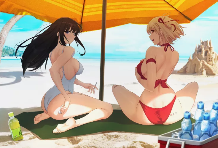 Chisato and Takina at the beach [Lycoris Recoil] by xSaviour_N