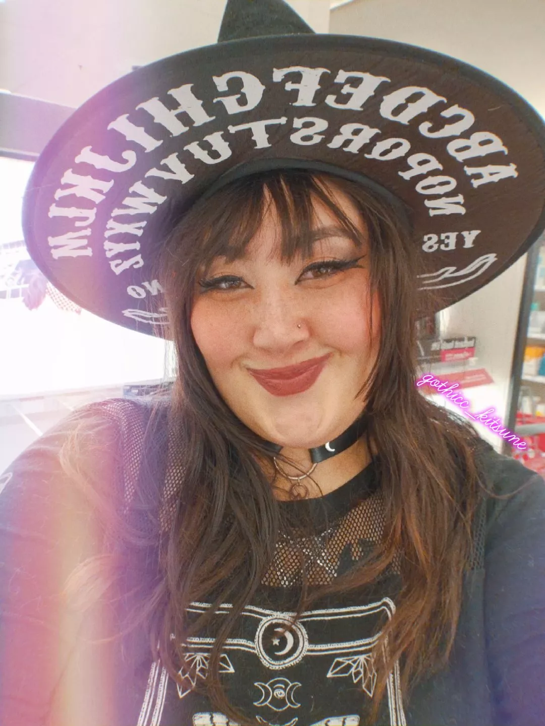 I dont care if its not Halloween yet THE WITCH HAT STAYS ON! also I got my nose pierced today and im feeeeeeeelin it! posted by gothicc_kitsune