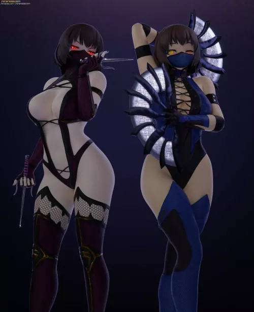 [Frisk] and [Chara] cosplaying as Kitana and Mileena from Mortal Kombat series (Artwork by YamiMarik1994) by Mehmet595
