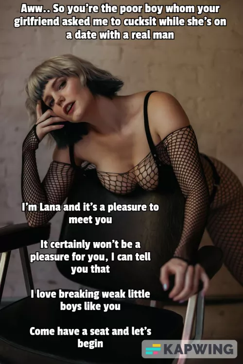 Your girlfriend asked her friend to cucksit you while she's on a date. It's not going to be a good experience for you by guycaptions