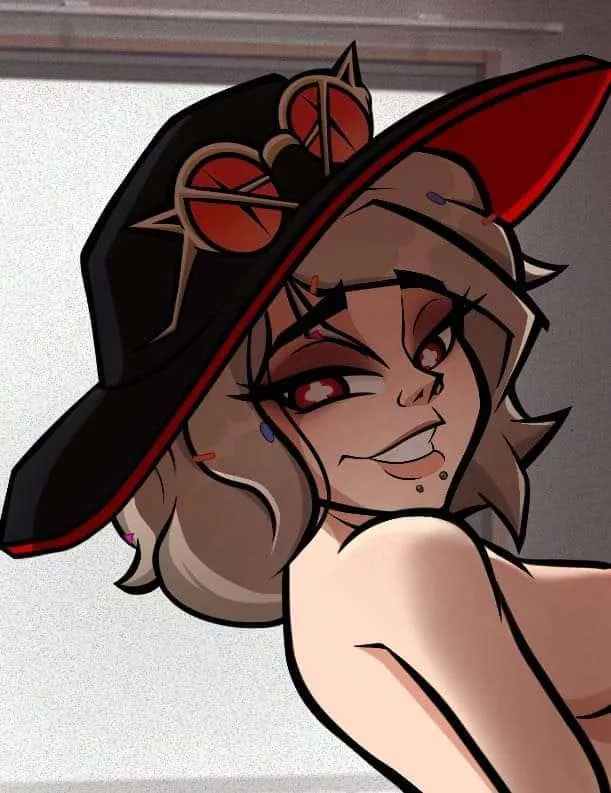 LF Color Source: 1girl, black hat, red round glasses, red plus shaped eyes, white pupils, short hair, light brown hair, dolphin bite piercing, topless, looking at viewer, smile, side view. posted by poldorene