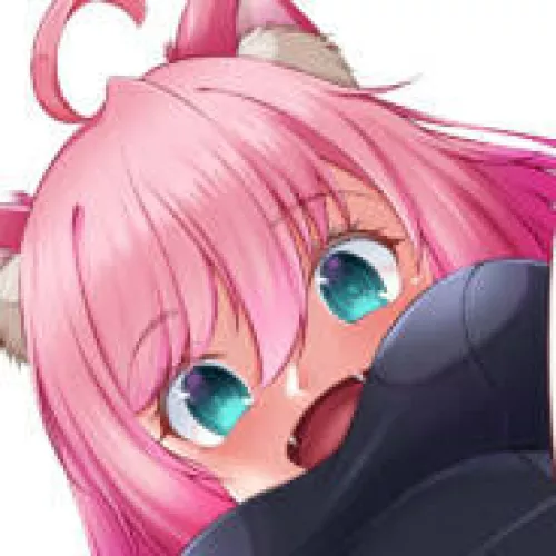 LF Color Source: Pink Hair, Cat Ears, Ahoge, Swimsuit, Teal Eyes, Fangs, Blush, Looking Down by Heusan