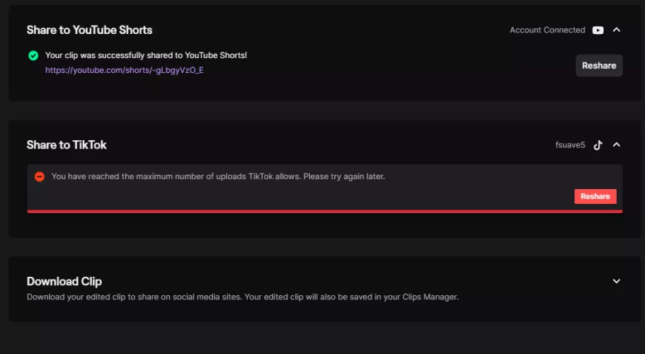 was using the new integrated editor to farm old clips for tiktok content and was met with this. i only made 5 and saved them all to the drafts instead of posting immediately. how long until i can do more? this is super inconvenient. by Fsuave5