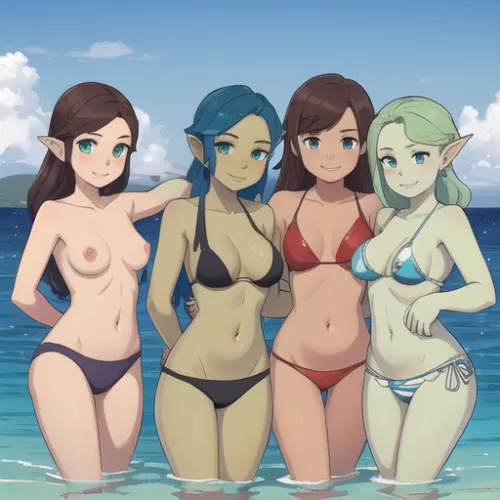 Elf Girl & friends at the beach by OrcHentaiFan