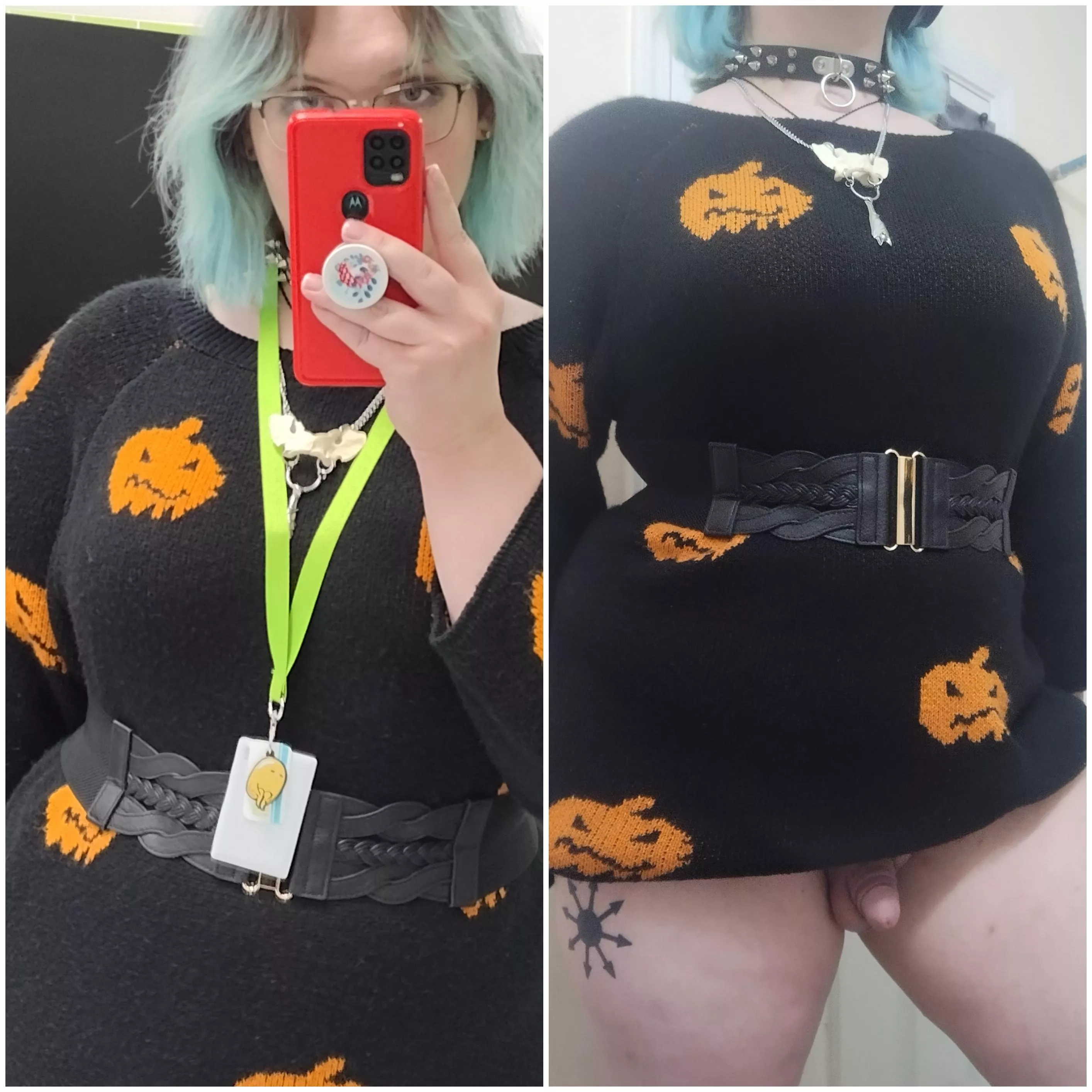 Coworkers don't know the kind of tricks or treats I'm hiding underneath 🎃🧡 posted by mollisaurus-rex